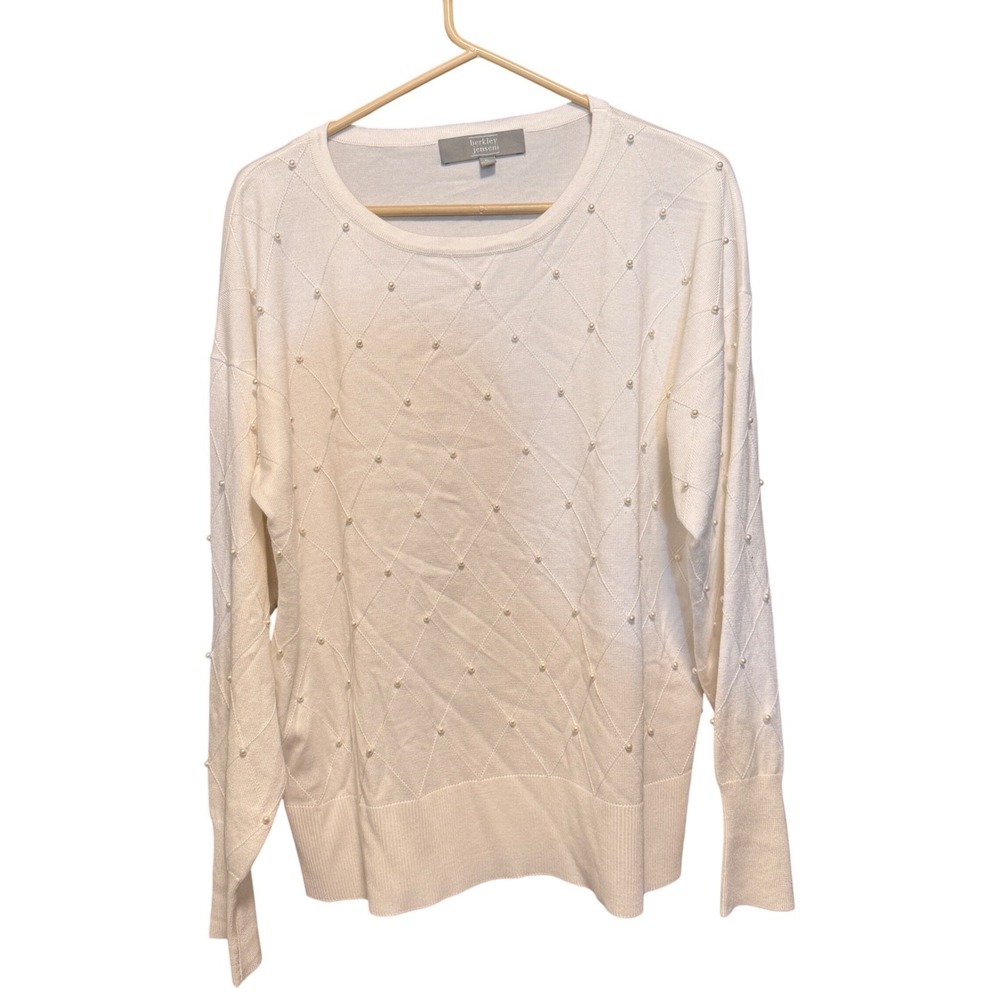 Women's Ivory White Pearl Embellished Diamond Knit Sweater Fitted Long Sleeve XL